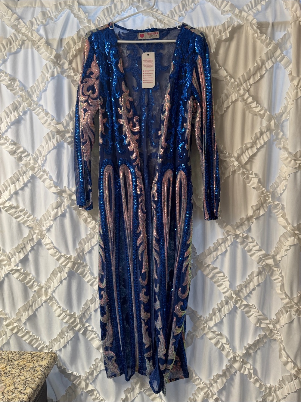Southern Fried Chics Blue Sequin Long Sleeve Duster with Rose Gold Accents